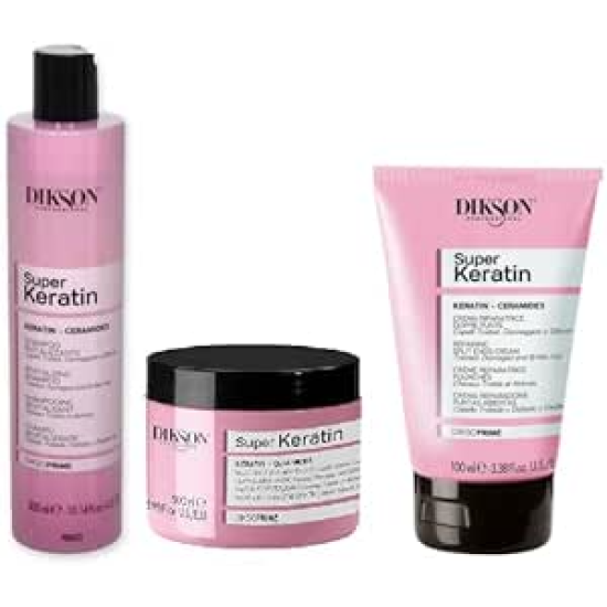 DiksoPrime - Super Keratin KIT 3 PEZZI Shampoo 300ml + Maschera 500ml + Crema Doppie Punte 100ml